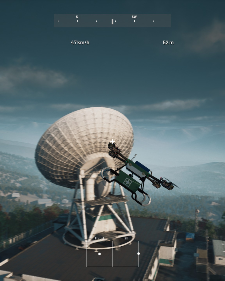 Drone flight simulation — radar dish flyby