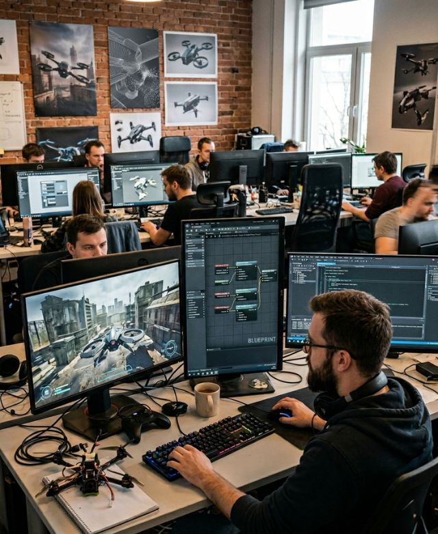 Zespół Anraga Studios przy pracy nad grami o dronach